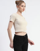 Madame Solid Beige Ribbed Crew Neck Crop Top