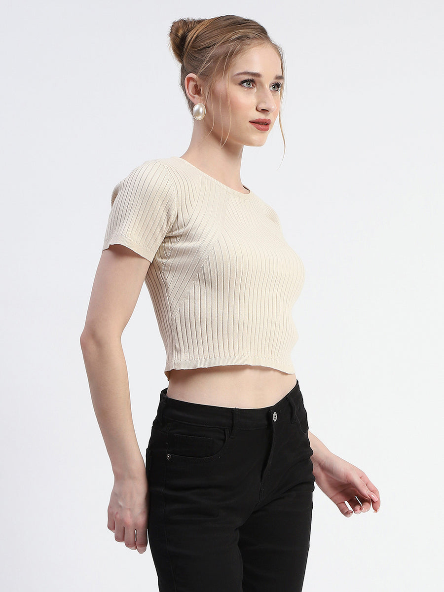 Madame Solid Beige Ribbed Crew Neck Crop Top