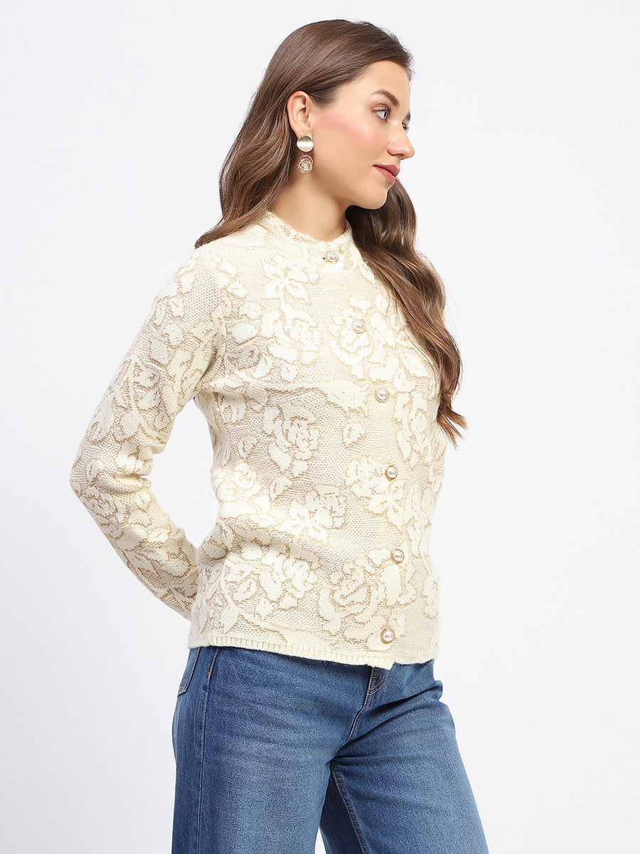 Madame Mock Neck Textured Beige Cardigan