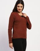 Madame Button Down Cable Knit V Neck Solid Rust Red Cardigan