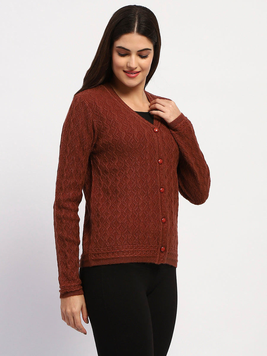 Madame Button Down Cable Knit V Neck Solid Rust Red Cardigan