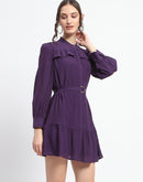 Madame Buckle Detailed Solid Purple Shirt Dress For Women