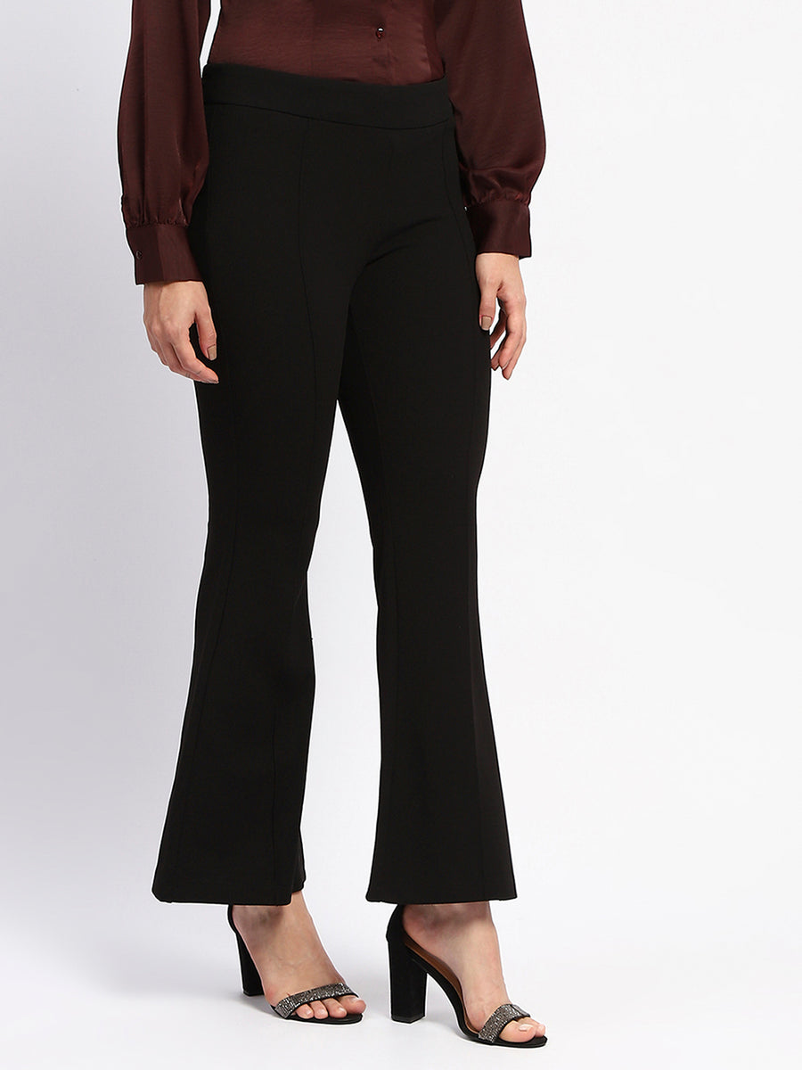 Madame Elasticated Waist Front Pleated Flared Black Trousers