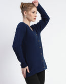 Madame Solid Navy Blue Cable Knit Full Sleeve Cardigan