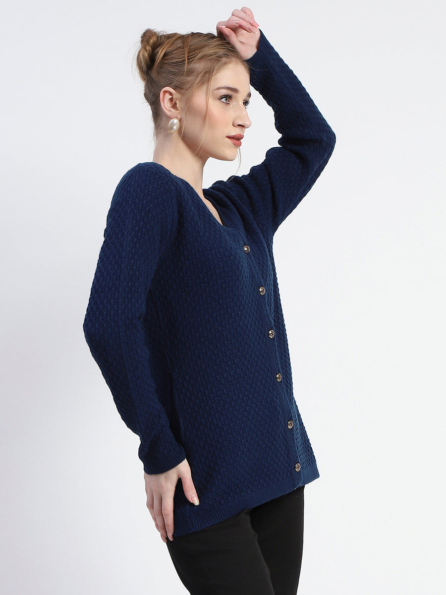 Madame Solid Navy Blue Cable Knit Full Sleeve Cardigan