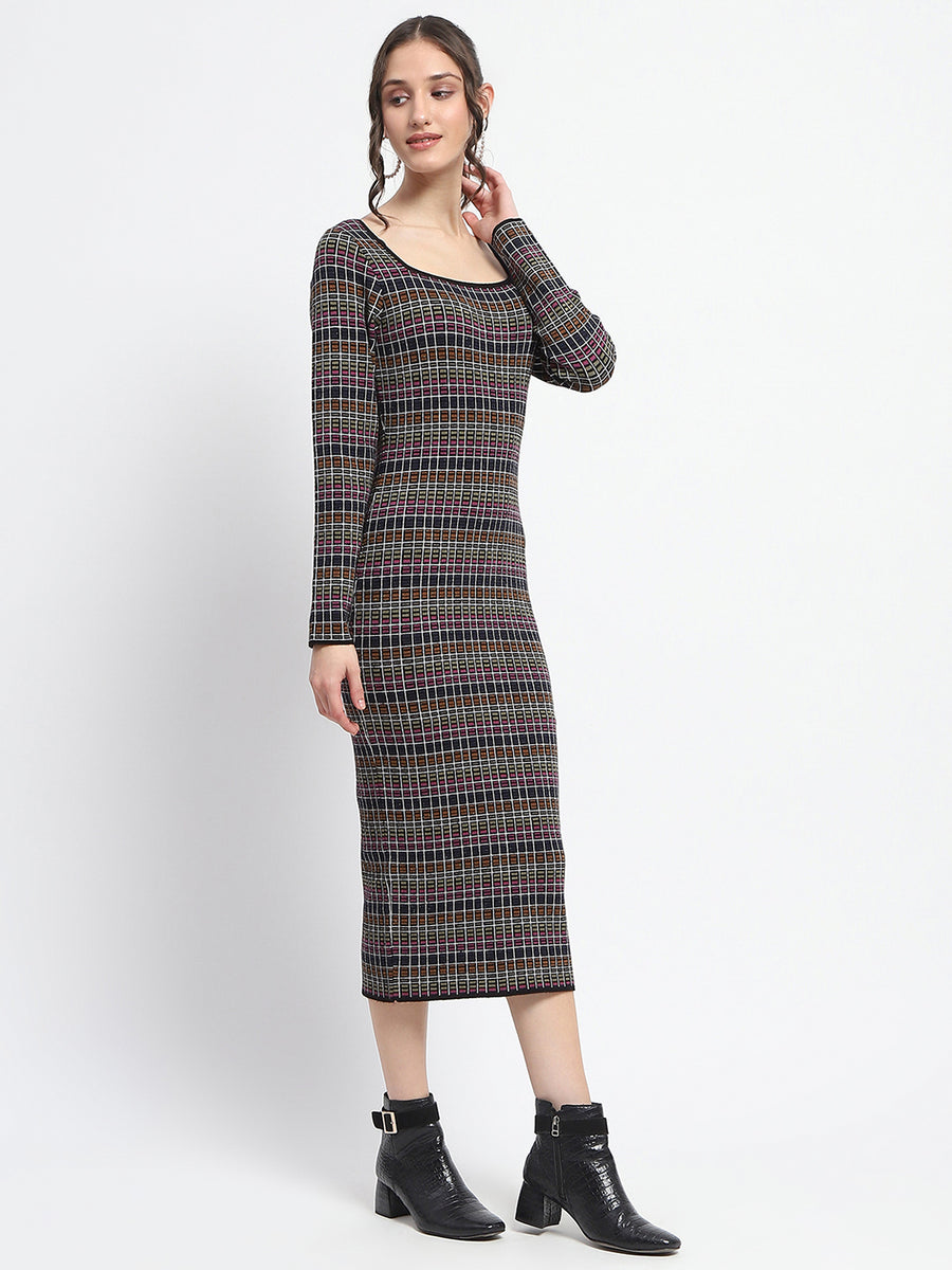 Madame Plaid Print Bodycon Multicolor Midi Dress