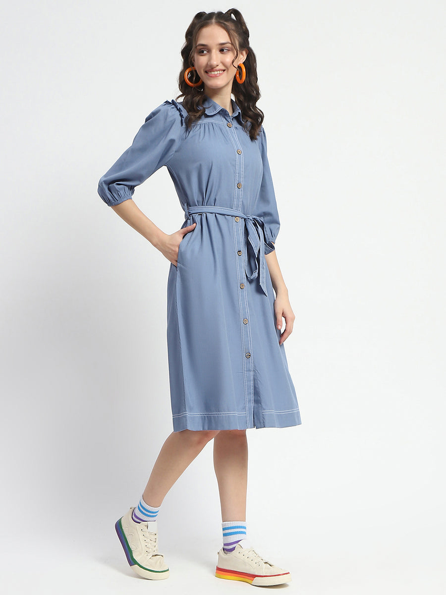 Madame Cotton Blend Belted Waist Blue Midi Shirt Dress