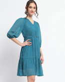 Madame Shimmery Tiered Belted Waist Teal Midi Dress