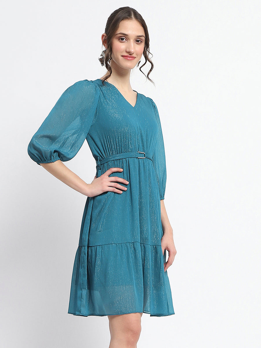 Madame Shimmery Tiered Belted Waist Teal Midi Dress