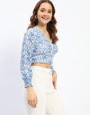 Madame Abstract Print Lace Detailed V Neck Blue Cotton Top