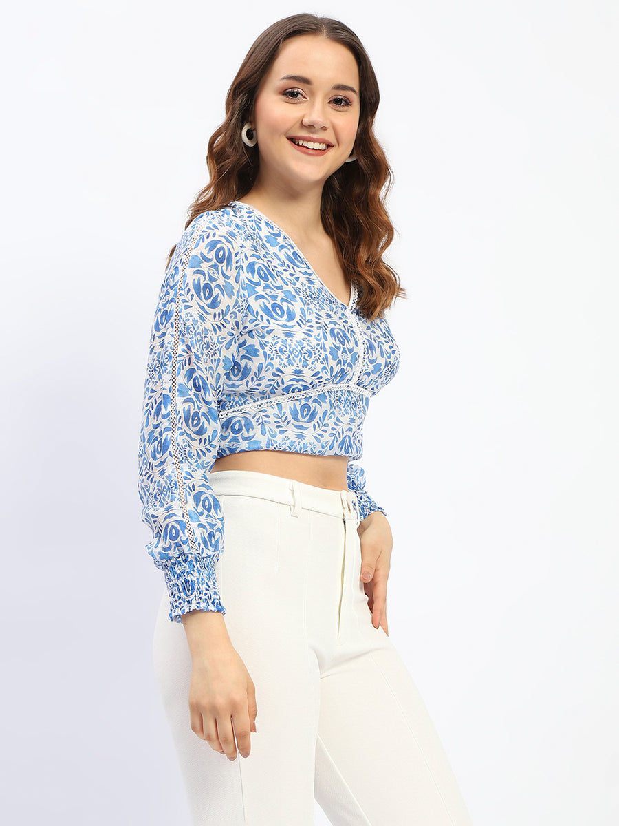 Madame Abstract Print Lace Detailed V Neck Blue Cotton Top