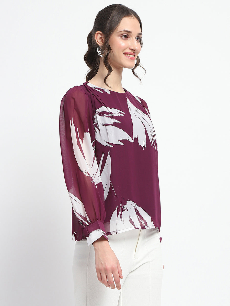 Madame Botanical Print Round Neck Plum Top