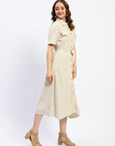 Madame Viscose Blend Belted Button Down Beige Shirt Dress