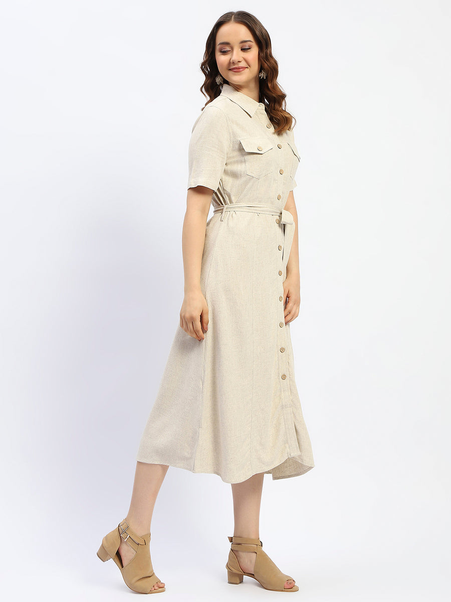 Madame Viscose Blend Belted Button Down Beige Shirt Dress