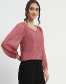 Madame Floral Print Queen Anne Neck Buttoned Pink Top