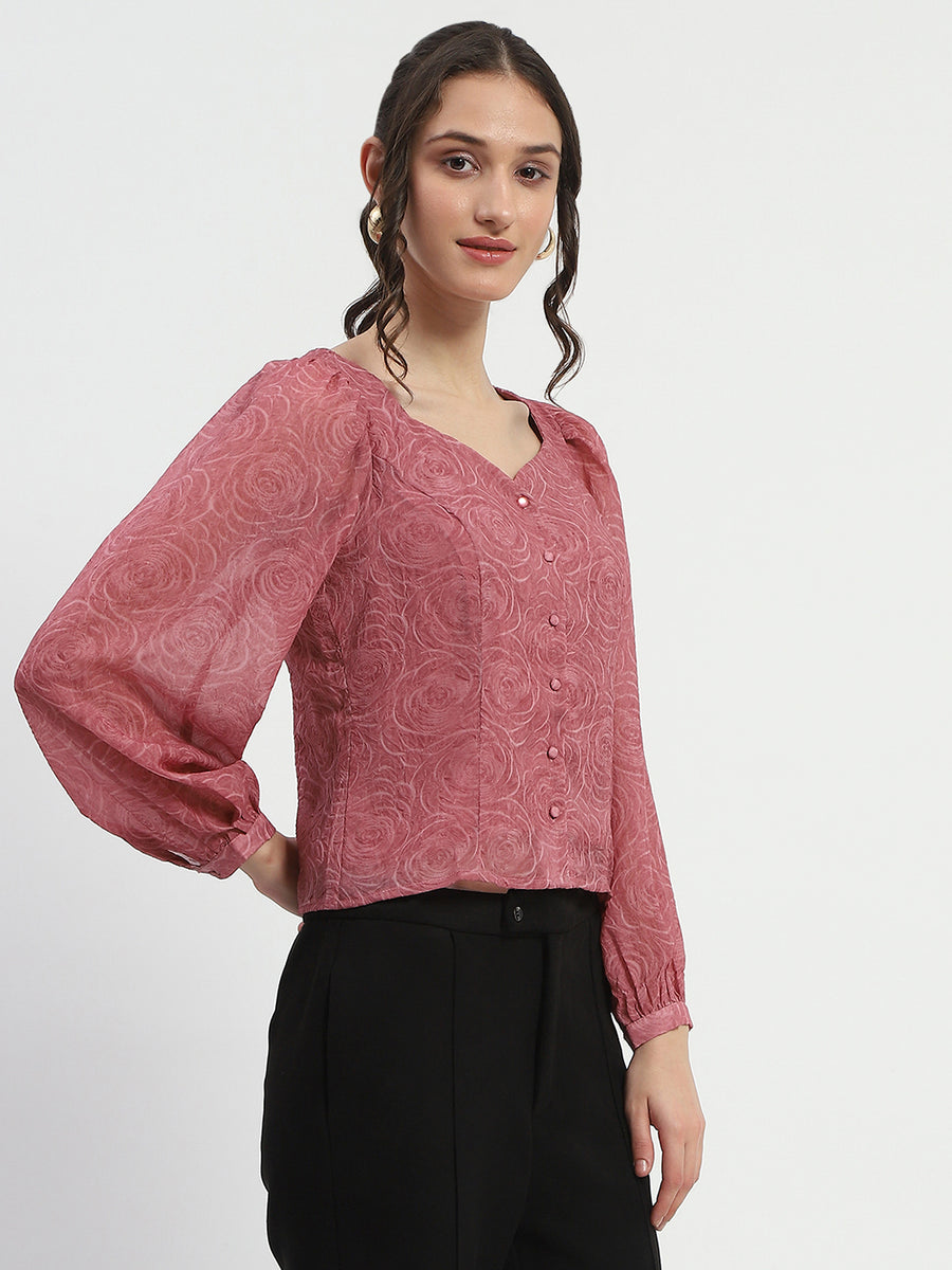 Madame Floral Print Queen Anne Neck Buttoned Pink Top