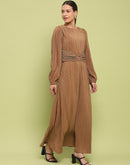 Madame Pleated Front Buckle Detailed Solid Golden Maxi Dress