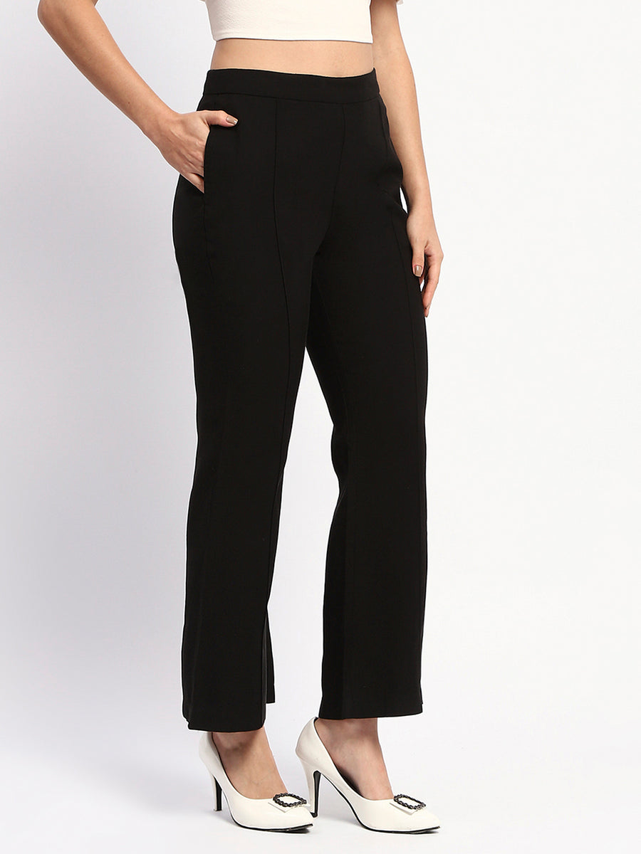 Madame Pleated Solid Black Flared Trousers