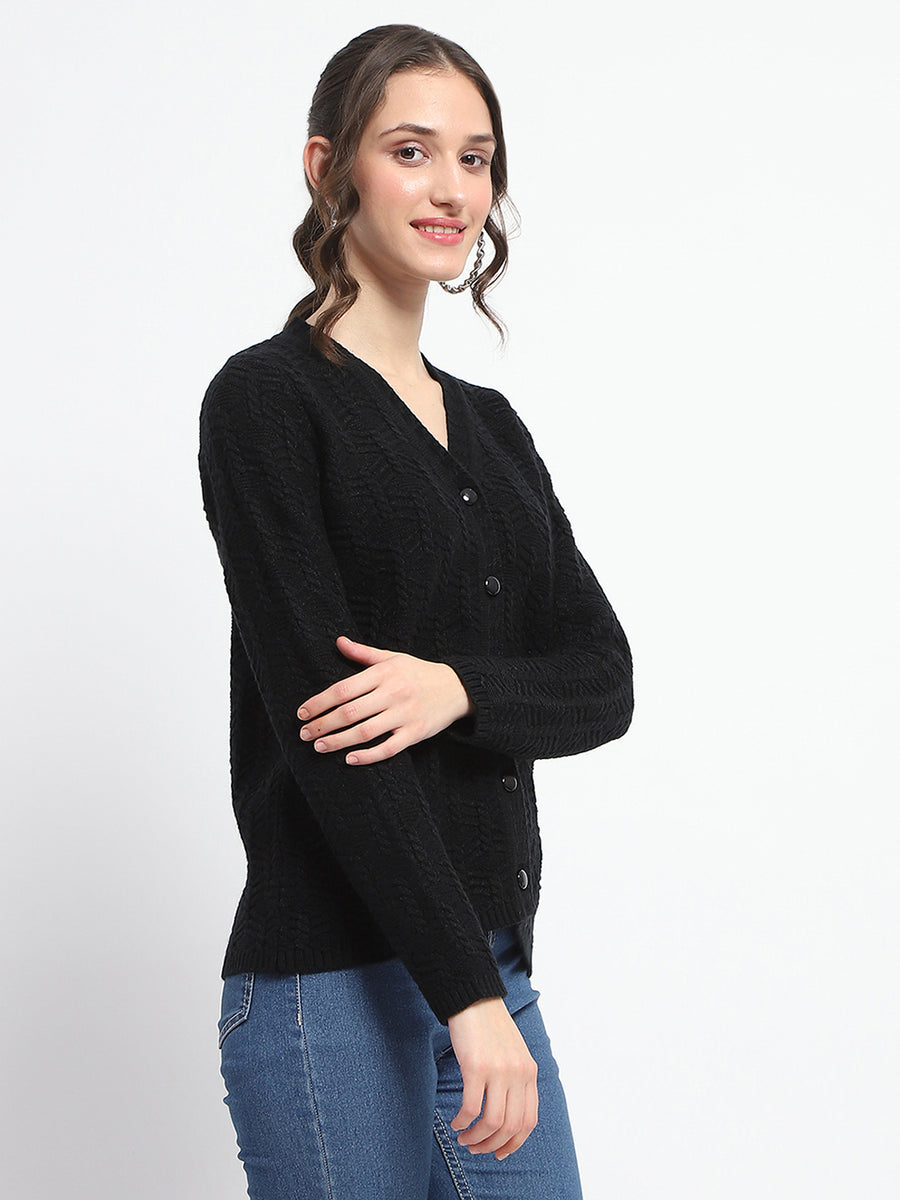 Madame Cable Knit V Neck Black Acrylic Blend Cardigan