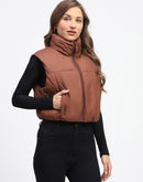 Madame High Neck Sleeveless Brown Crop Puffer Jacket