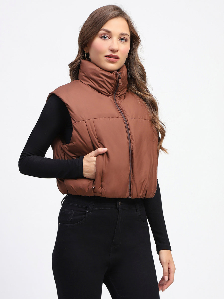 Madame High Neck Sleeveless Brown Crop Puffer Jacket