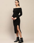 Madame Off Shoulder Side Slit Black Bodycon Midi Dress