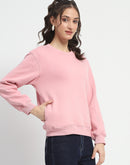 Madame Solid Light Pink Crew Neck Cotton Sweatshirt