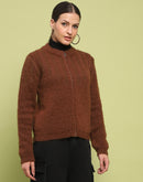 Madame Stripe Detailed Zipped Tan Sweater