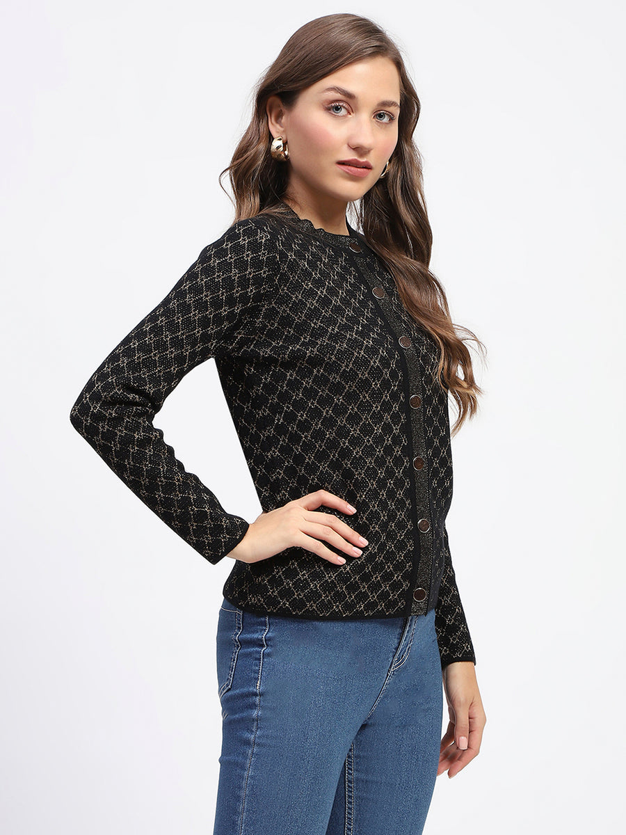 Madame Black Printed Buttoned Cardigan