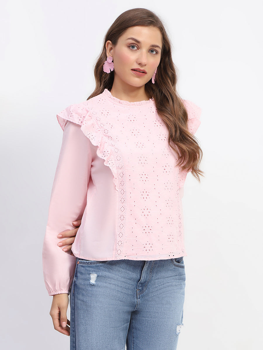 Madame Schilffli Adorned Ruffle Neck Pink Cotton Top