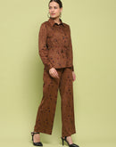 Madame Suede Belted Drawstring Top And Bottom Printed Brown Ensemble