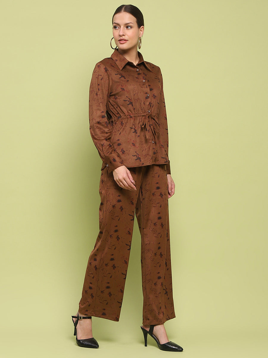 Madame Suede Belted Drawstring Top And Bottom Printed Brown Ensemble