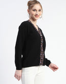 Madame Colorful Embroidered Trim V-Neck Black Cardigan