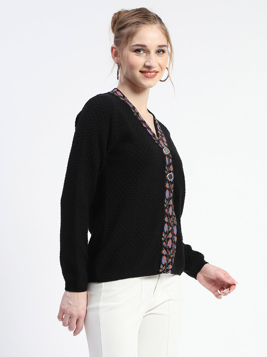 Madame Colorful Embroidered Trim V-Neck Black Cardigan