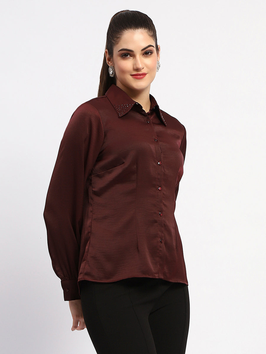 Madame Wine Embellished Collar Button-Up Shirt