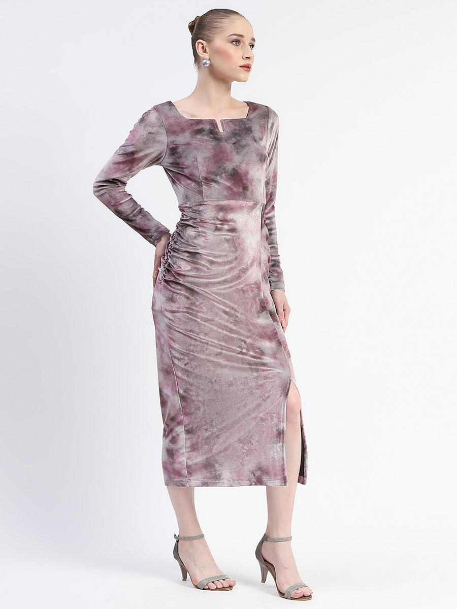 Madame Semi Sheer Side Slit Abstract Print Pink Dress