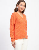 Madame Geometric Pattern V Neck Orange Cardigan