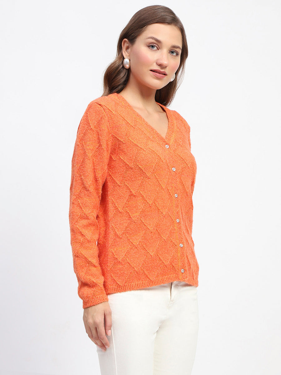 Madame Geometric Pattern V Neck Orange Cardigan