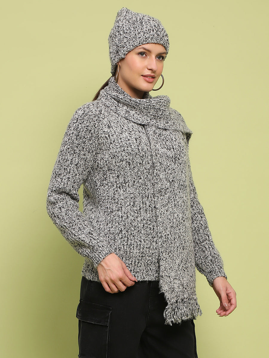 Madame Self Design Regular Fit Grey Sweater