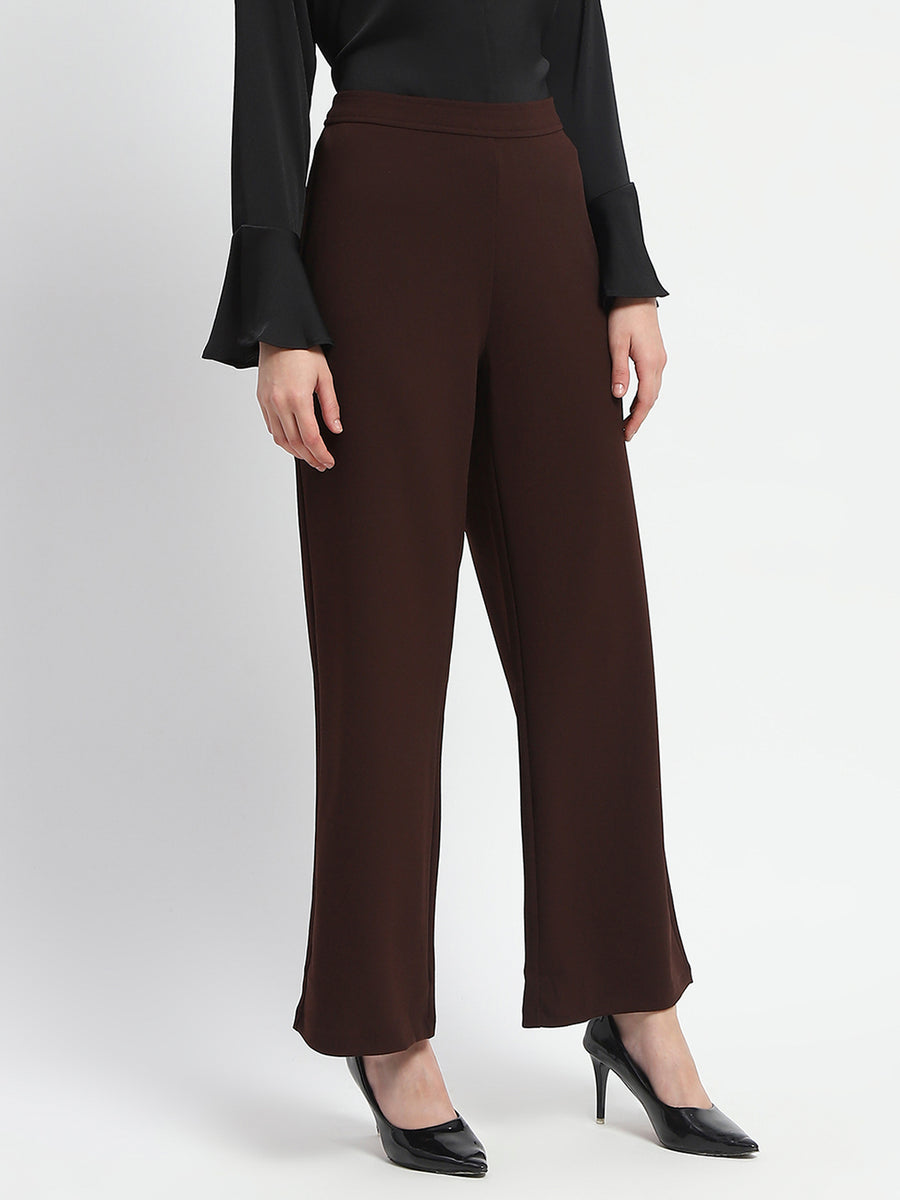 Madame Straight Fit Elasticated Waist Solid Coffee Trousers