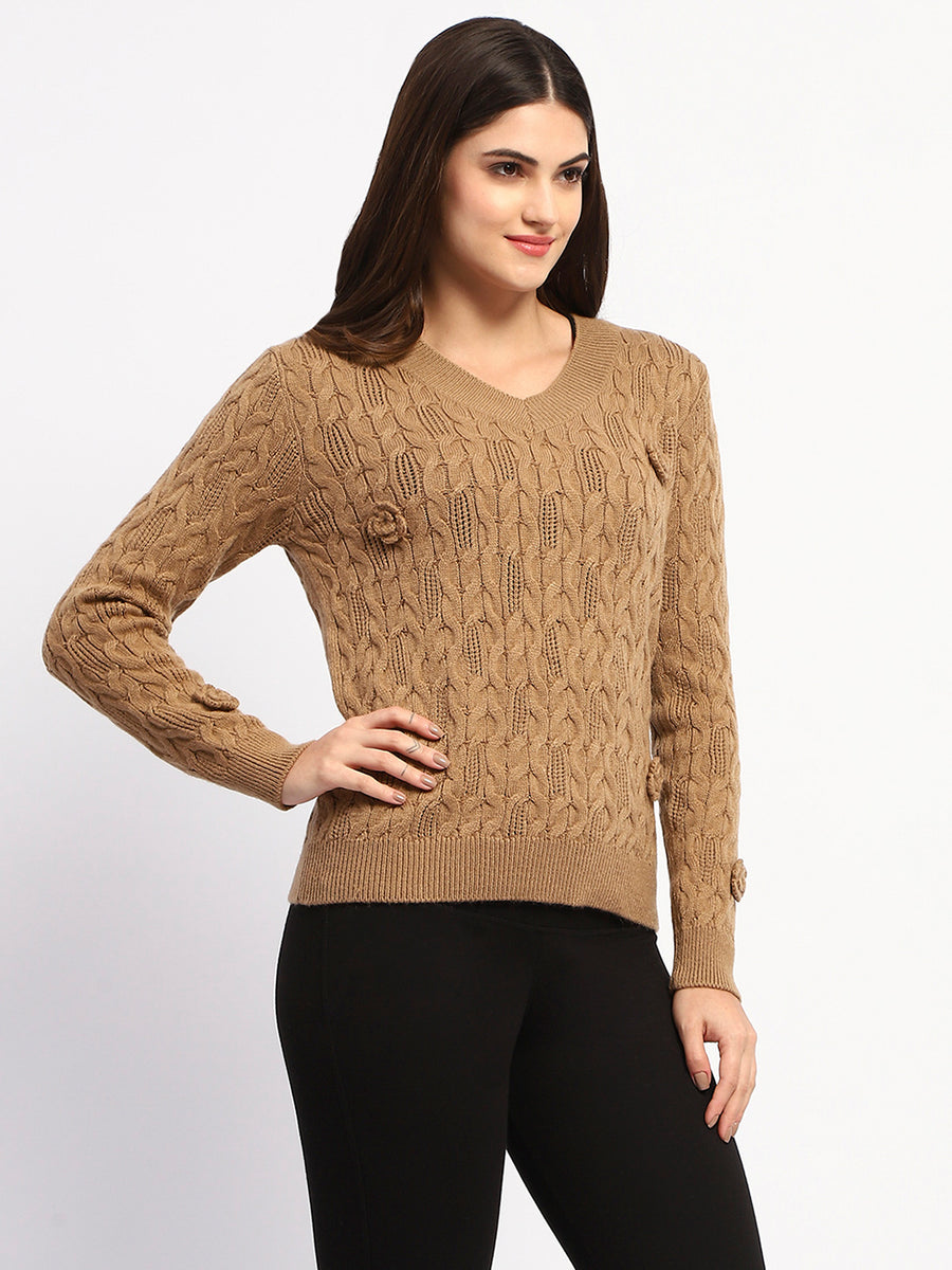 Madame Cable Knit Applique Flower Khaki Sweater