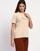 Madame Typography Print Crew Neck Cotton Beige Top