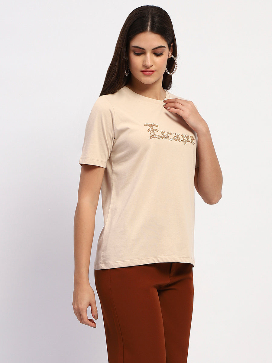 Madame Typography Print Crew Neck Cotton Beige Top