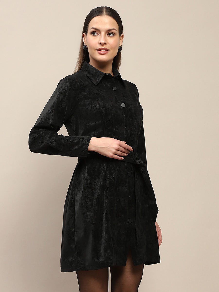 Madame Belted Button Down Black Mini Shirt Dress