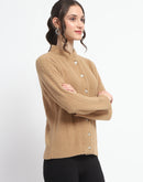 Madame Button Down Cable Knit Solid Khaki Cardigan