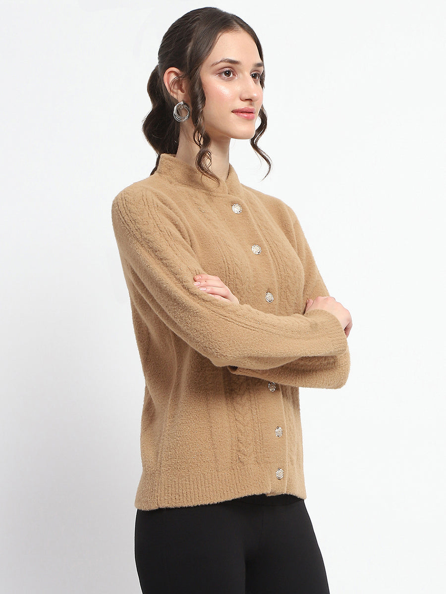 Madame Button Down Cable Knit Solid Khaki Cardigan