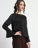 Madame Solid Black Ruffle Sleeve Satin Top