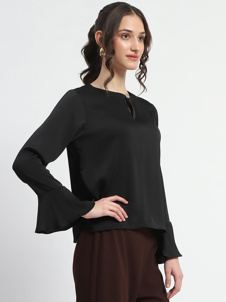 Madame Solid Black Ruffle Sleeve Satin Top