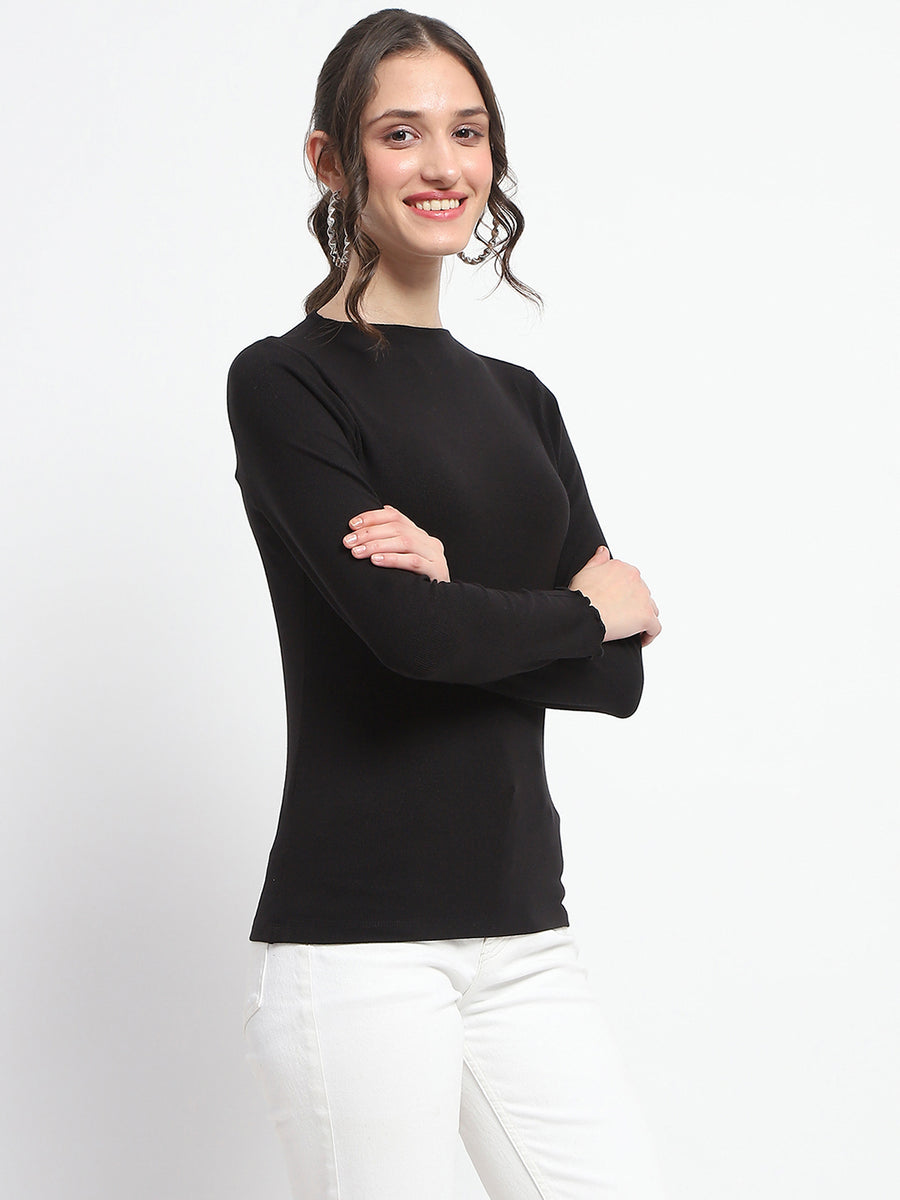 Madame High Neck Full Sleeve Solid Black Top