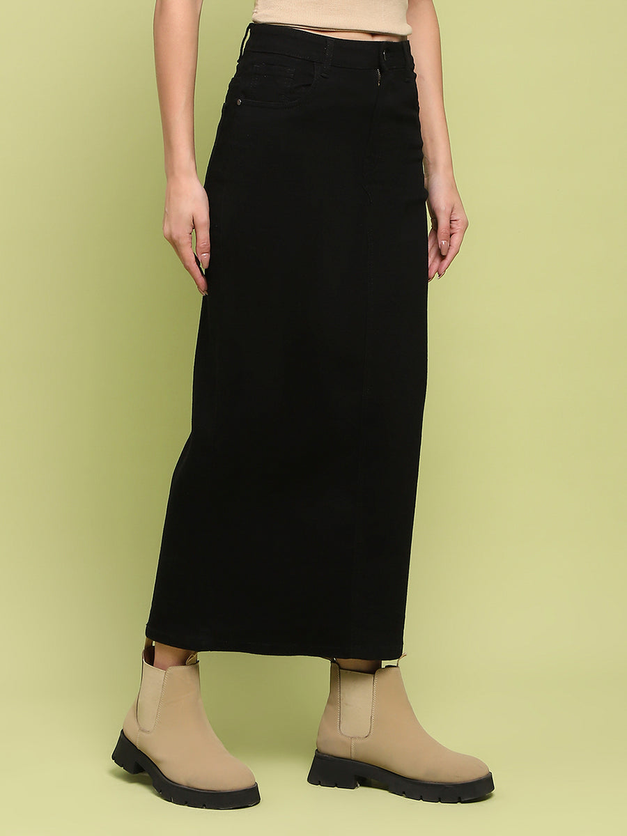 Madame Black Whiskered Cotton Midi Denim Skirt